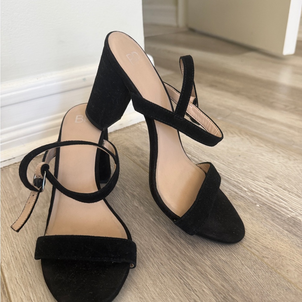 Black Suede Block Heel Sandals with Ankle Strap